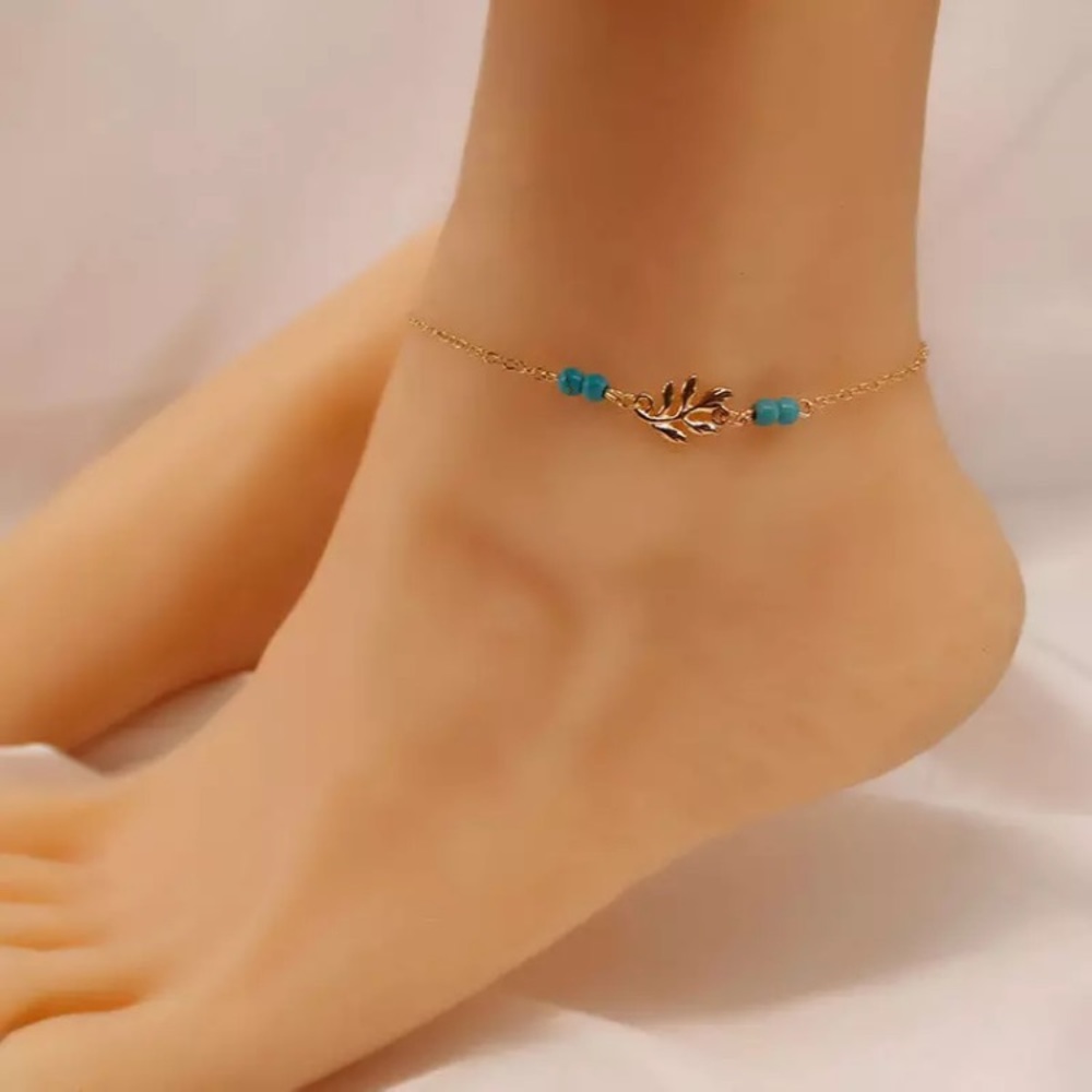 Gold and Turquoise Color Leaf Anklet